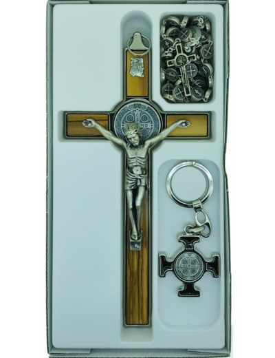 Coffret St Benoît 22,5x11,5cm croix + chapelet+PC - BOIS