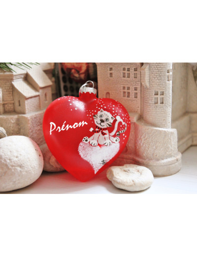 Jolie boule de noël en verre peinte à la main et en forme de coeur petit chat coquin personnalisable par le prénom de votre choix, signée