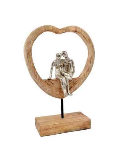 Statuette couple coeur bois aluminium 36cm