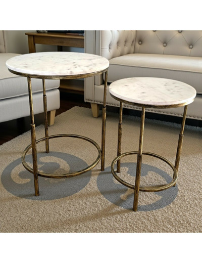 Ensemble de 2 tables basses doré vieilli marbre blanc 46x61cm