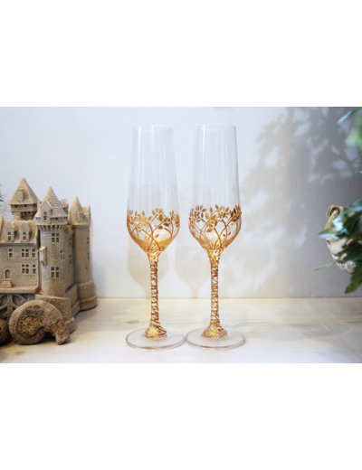 Lot de deux flutes à champagne peintes à la main décorées de feuillages dorés pour votre mariage, pièce originale et unique