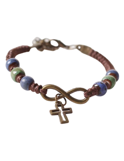 Bracelet en Corde Marron - CROIX + COEUR INFINI- perles bleues