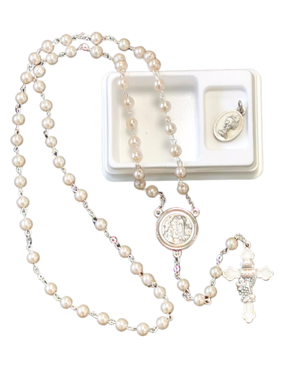 Coffret COMMUNION Chapelet argenté - Coeur ND de Lourdes
