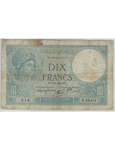 FRANCE 10 FRANCS MINERVE 9-1-1941 SERIE K.83451 TB