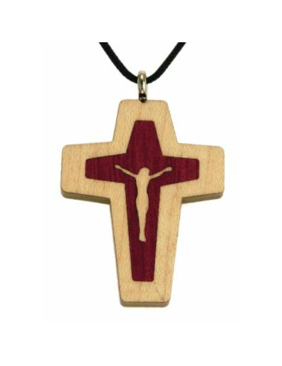 Croix en Bois d'Erable Vernis 3,8cm avec Cordon - CHRIST 2 TONS