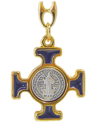 Porte-Clefs Saint Benoît en Métal Doré avec Email - BLEU