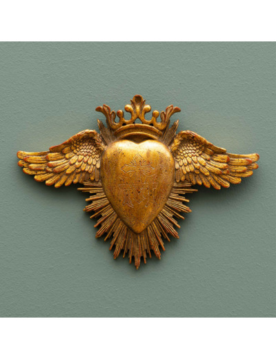 Ex-voto coeur et ailes résine dorée 25x18cm