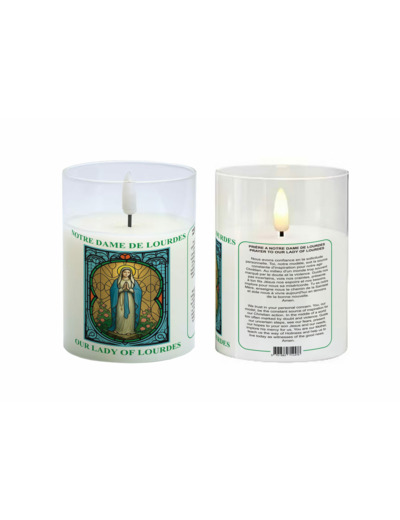 Bougie LED 7.5x10cm - Notre Dame de Lourdes + Prière- sans pile