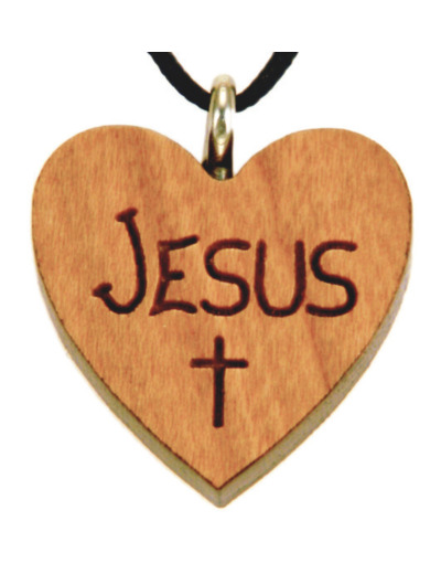 Coeur en Bois d'Erable Vernis 2,5cm avec Cordon - JESUS