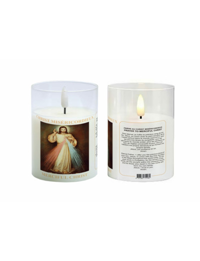 Bougie LED 7.5x10cm - Christ Miséricordieux + Prière - sans pile