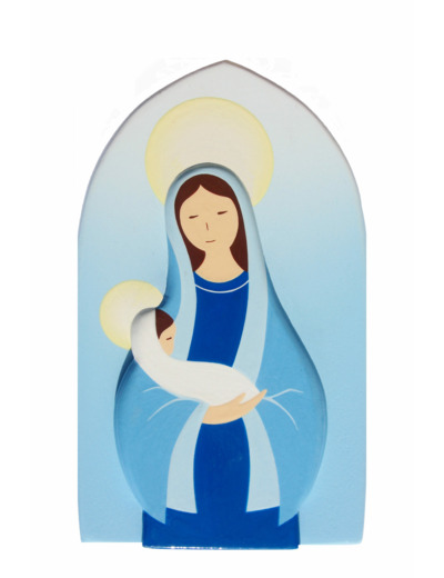 Vierge à l'enfant face, fond bleu 13x8cm