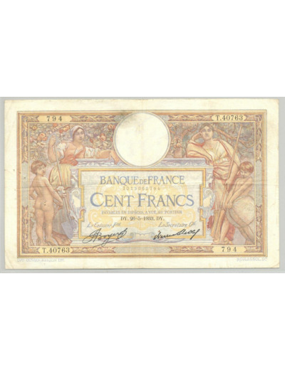 FRANCE 100 FRANCS MERSON SANS LOM SERIE T.40763 26-5-1933 TTB