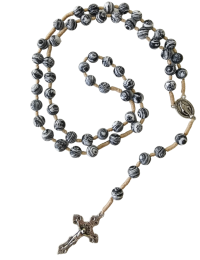Chapelet sur Corde 8mm en pierre véritable- Malachite Noire/Blanche