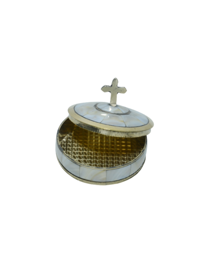 Boîte à chapelets en Nacre et Laiton Diamètre 7cm avec CROIX