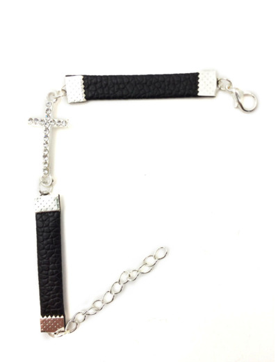 Bracelet métal argenté /simili cuir noir - croix strass blancs