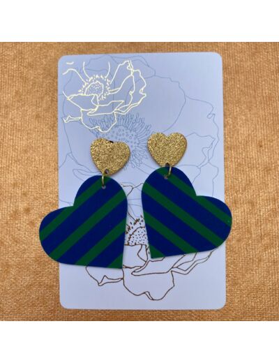 Boucles d'oreilles coeur coloris bleu rayures vert