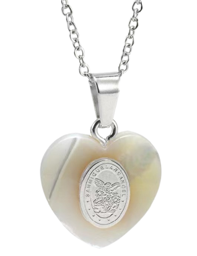 Pendentif Coeur Nacre 20mm  + Chaîne Argentée Réglable - St Michel
