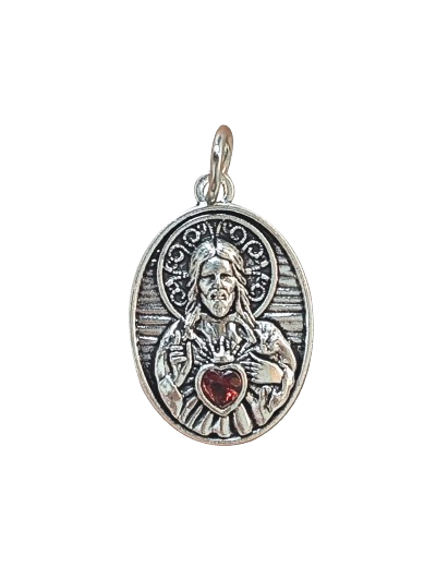 Médaille Ovale 19mm en Métal Argenté + zirconium- Sacré Coeur