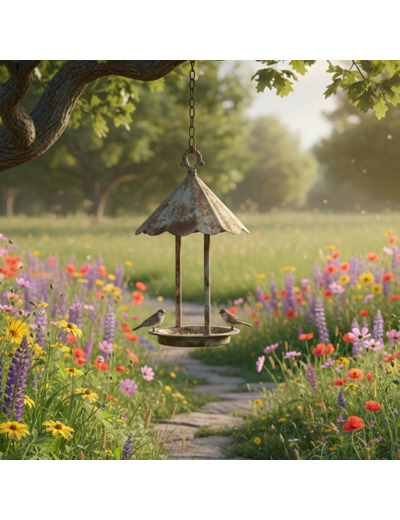 Mangeoire oiseaux fer patiné à suspendre 37x20cm