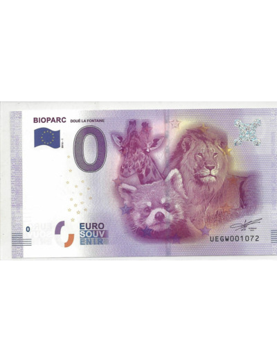 49 DOUE LA FONTAINE BIOPARC 2016-1 BILLET SOUVENIR 0 EURO TOURISTIQUE NEUF