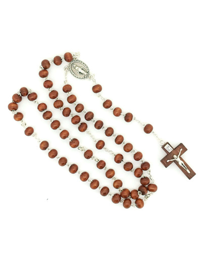 Chapelet en BOIS grain rond sur chaine argentée- FONCE