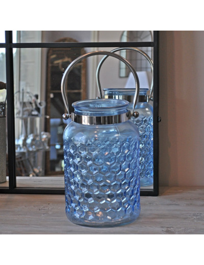 Grande lanterne verre bleu 29x18cm