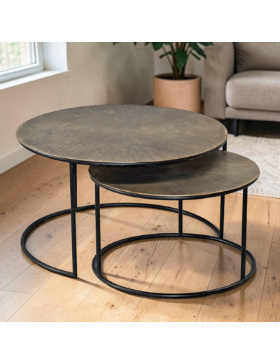 Ensemble de 2 tables basses gigognes aluminium doré noir 76x45cm