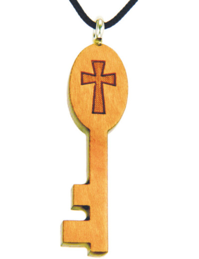 Clé en Bois d'Erable Vernis 4,2cm avec Cordon - CROIX