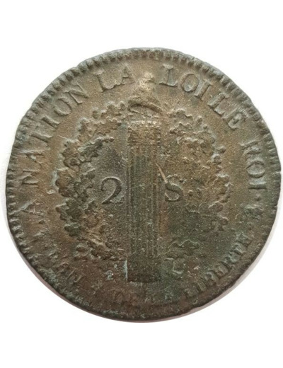 FRANCE LOUIS XVI 2 SOLS FRANÇOIS 1792 A (Paris) TB+ N2