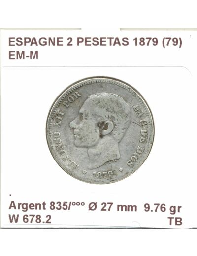 Espagne ( SPAIN ) 2 PESETAS 1879 (79 ) EM-M TB