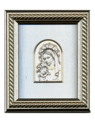 Cadre argenté tressé 14.5x12.5cm plaque argent ogive Vierge+enfant