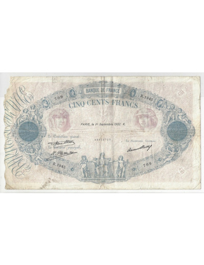 FRANCE 500 FRANCS BLEU ET ROSE 01/09/1932 R.1945 TB