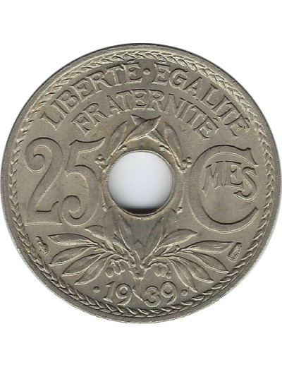 FRANCE 25 CENTIMES LINDAUER .1939. Légère SUP