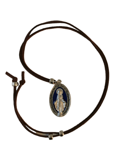Médaille Miraculeuse 33mm fond Bleu + Cordon simili Cuir réglable