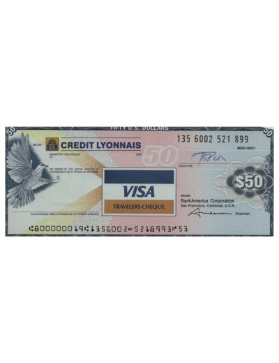 U.S.A. TRAVELERS CHEQUE VISA CREDIT LYONNAIS 50 DOLLARS 135.6002.521.899