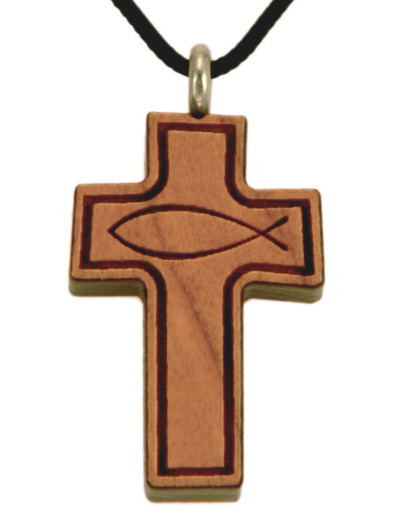 Croix en Bois d'Erable Vernis 2,9cm avec Cordon - POISSON