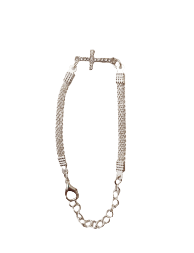 Bracelet en métal argenté croix strass
