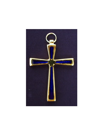 Croix dorée 6,5cm émaillée BLEU + cordon