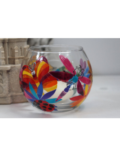 Joli photophore peint à la main sur le thème des papillons des libellules et coccinelle peinture sur verre unique très colorée