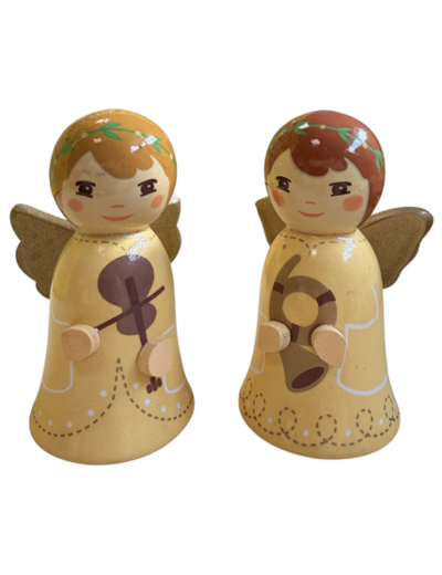 2 Anges en bois tourné Jaune 7cm  - Cor + Violon