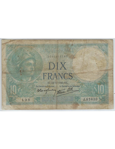 FRANCE 10 FRANCS MINERVE 12-12-1940 SERIE J.81633 TB