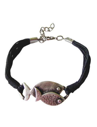 Bracelet sur Corde + Poissons en Métal Argenté - NOIR