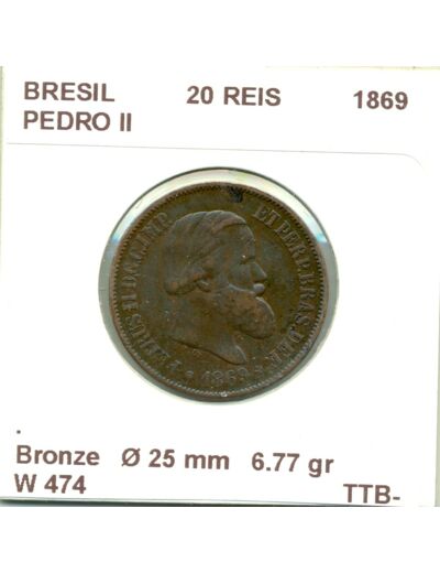 BRESIL 20 REIS 1869 PEDRO II TTB-