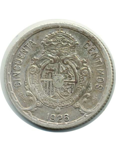 ESPAGNE 50 CENTIMOS 1926 PCS ALFONSO XIII TTB+ (W741)