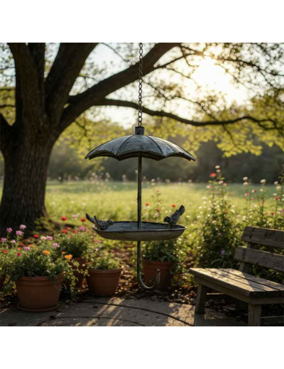 Grande mangeoire oiseaux parapluie fer à suspendre  33x29x69cm