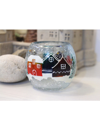 Photophore en verre craquelé peint à la main sur le thème de Noël - Peuvent être vendus par lot de deux