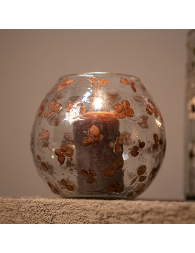 Photophore rond verre motifs fleurs Faron marron 15x15x13cm