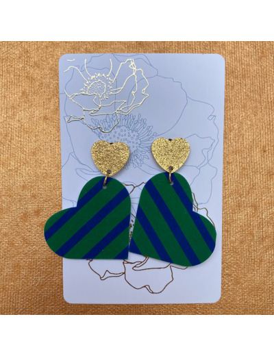 Boucles d'oreilles coeur coloris vert rayures bleues