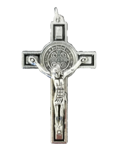 Croix St Benoît 7,3x4,2cm Émail ARGENTÉ résine noire + BOITE
