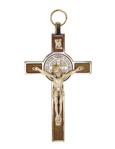 Croix de St Benoît en Métal Argenté avec Bois 8cm - MARRON